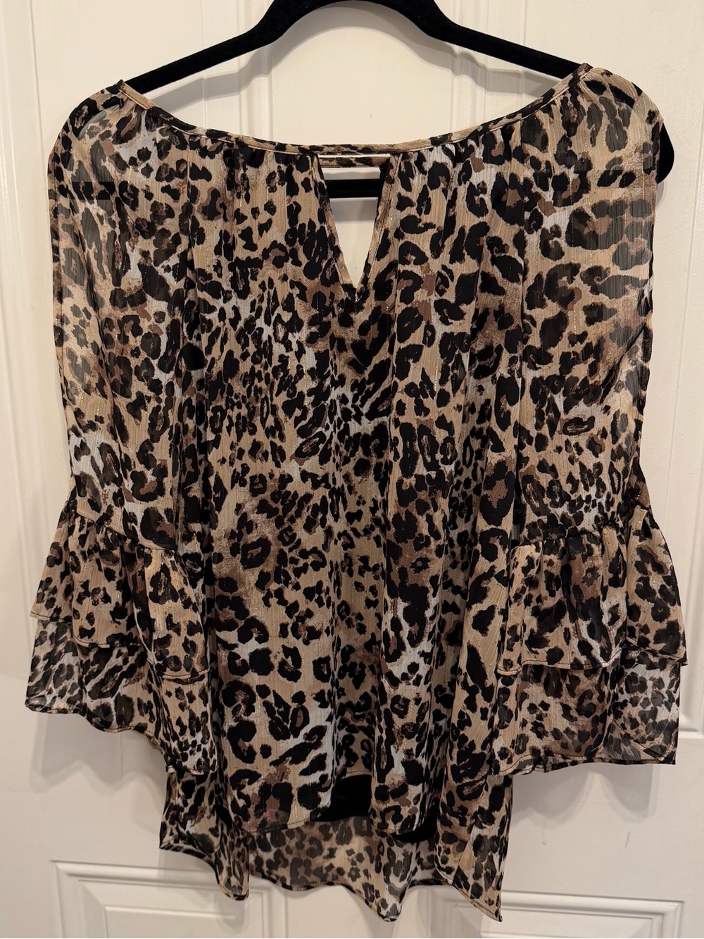 Leopard Print Ruffle Sleeve Women's Blouse - Brown